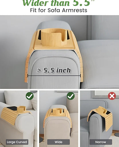 Bamboo sofa tray with cup holder on furniture, 45cm length, natural wood finish