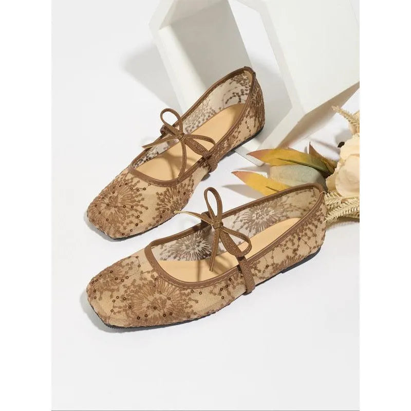 Women's flat heel Mary Jane evening shoes with lace mesh detailing and 3-5cm mid heel