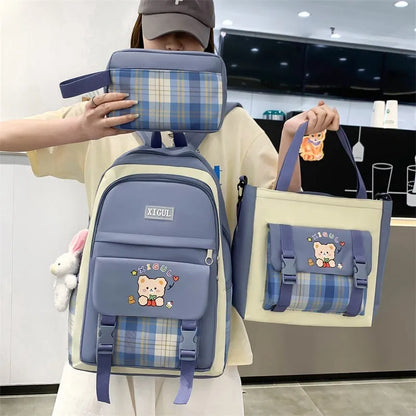 Large capacity plaid three-piece school backpack set in nylon with pink, blue, black, or purple colour options for junior high students