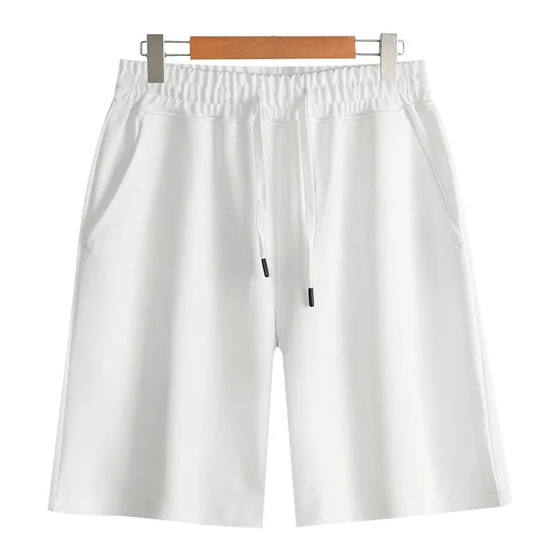 Men's straight-leg cotton casual shorts in light grey on a plain background.