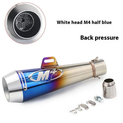 Universal M4 motorcycle exhaust pipe in various finishes including black, titanium, and half blue with back pressure options