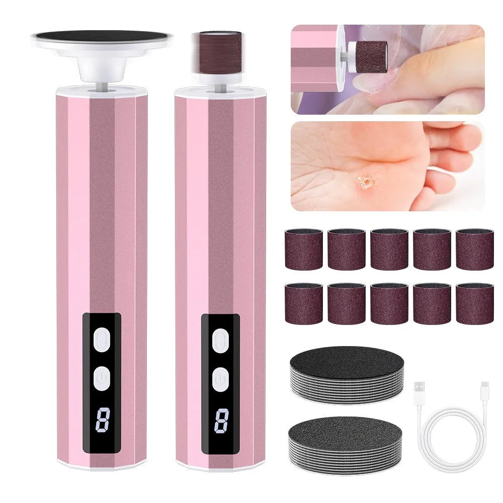 USB-powered electric callus remover and foot file device with grinding pads, in black, pink, or purple, presented in a gift box.