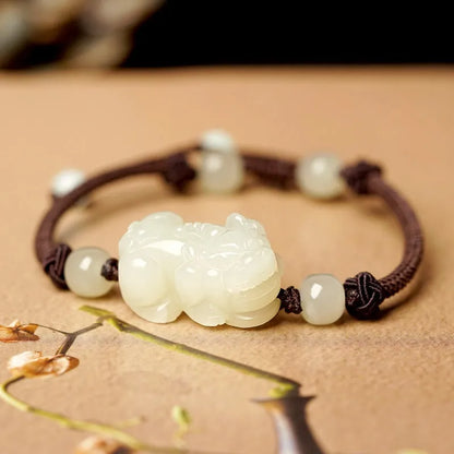 Traditional Chinese Hetian jade bracelet with black and red adjustable ropes and jade beads