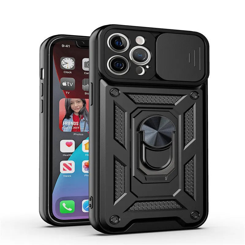 Sergeant sliding window magnetic phone case for iPhone in black, showing the integrated stand extended.