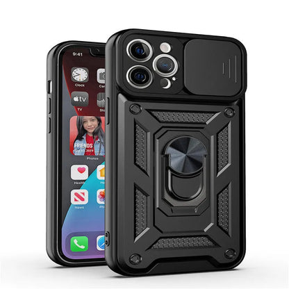 Sergeant sliding window magnetic phone case for iPhone in black, showing the integrated stand extended.