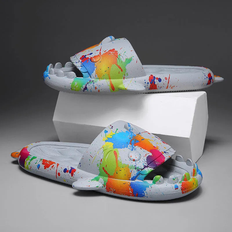 Shark-themed home slippers in EVA material, open-toe design, available in sizes 36-45 and multiple colours