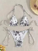 Halter neck lace-up bikini set with floral ink print, polyester lining, in black, light blue or pink