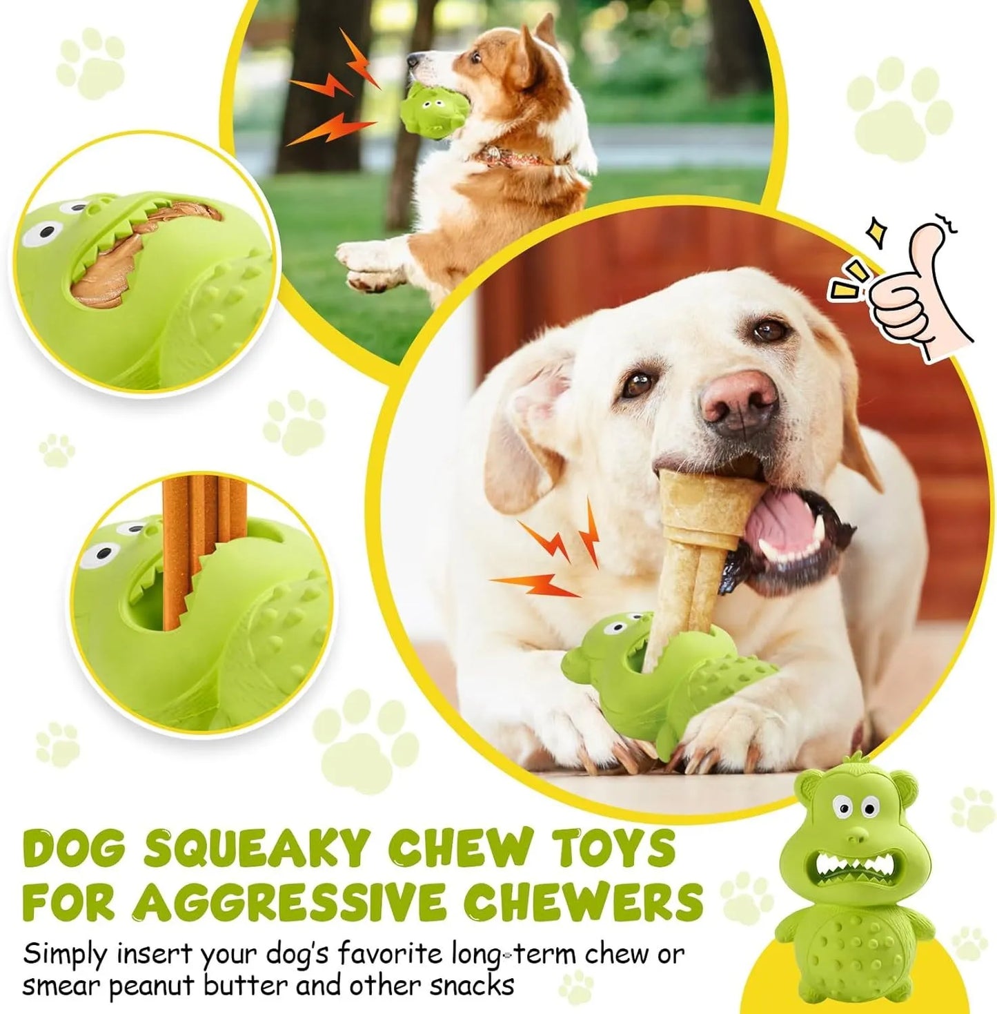 Green and yellow natural rubber dog toy for aggressive chewers with rounded design