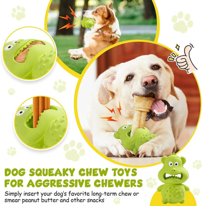 Green and yellow natural rubber dog toy for aggressive chewers with rounded design
