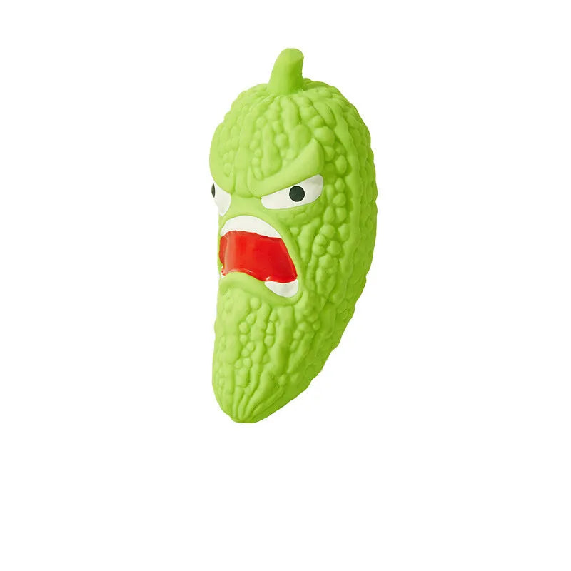 Bitter Gourd and Chili shaped dog toys with bite-resistant surfaces for teeth grinding.