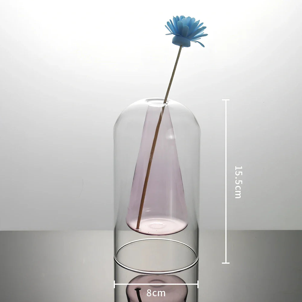 High borosilicate glass vase with double-layer construction measuring 15cm tall and 8cm wide