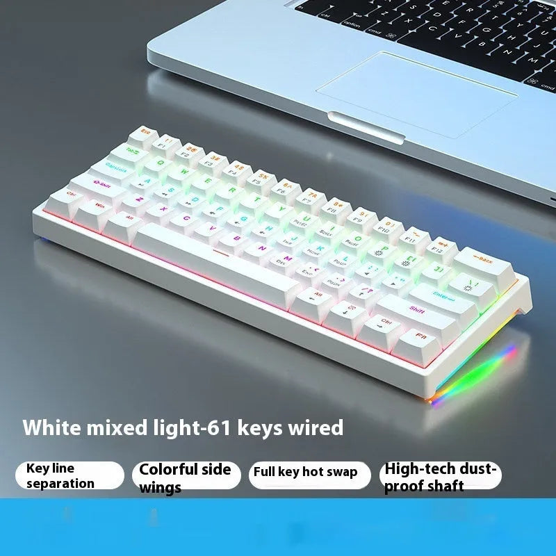 Small white 61-key mechanical keyboard with hot-swappable sockets and a black USB cable.