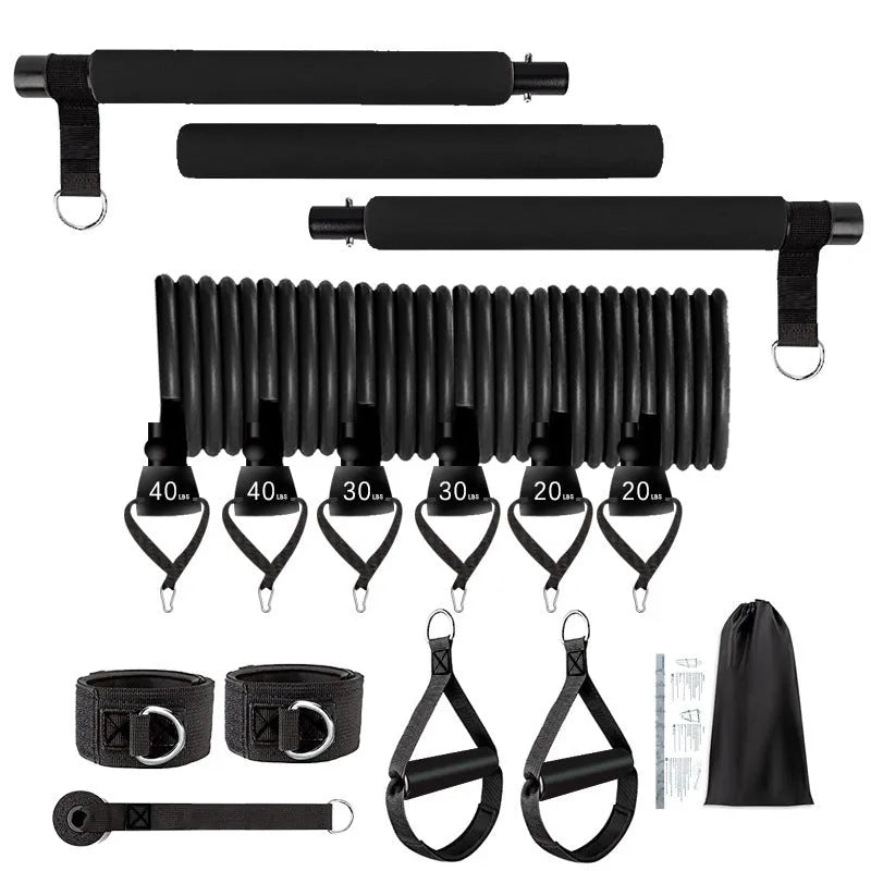 TPE rope stretch fitness stick 11-piece set in pink, purple, and black colours with adjustable resistance