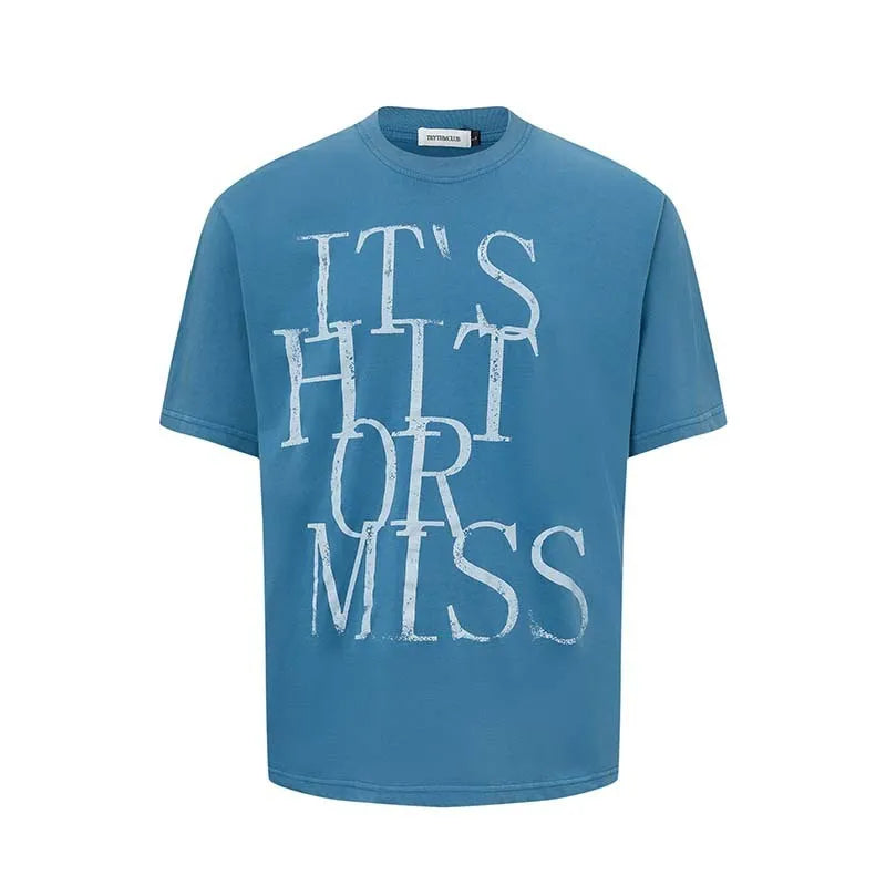 Men's loose blue t-shirt with large white letter print on the chest.