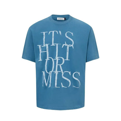 Men's loose blue t-shirt with large white letter print on the chest.