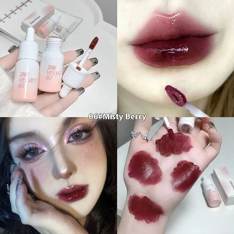 Mirror Lip Lacquer Lipstick in four colour shades: Spring Day Wilderness, Orange Tabby Cat Diary, Low-key Charming, and Fog Berry.
