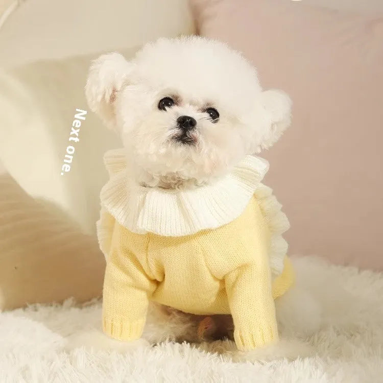 Yellow and patterned fairy dress style acrylic dog sweaters for small puppies in autumn.