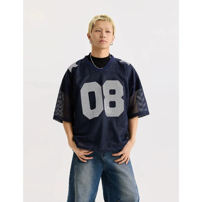 Black loose fit half sleeve shirt with a white letter print, laid flat.