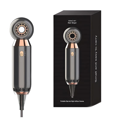 Compact white hair dryer with concentrator attachment showing 800W power rating and two speed settings