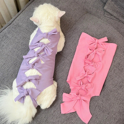 Lace-up cat sterilisation clothing in blue colour on cat showing adjustable back fastening and full-body coverage