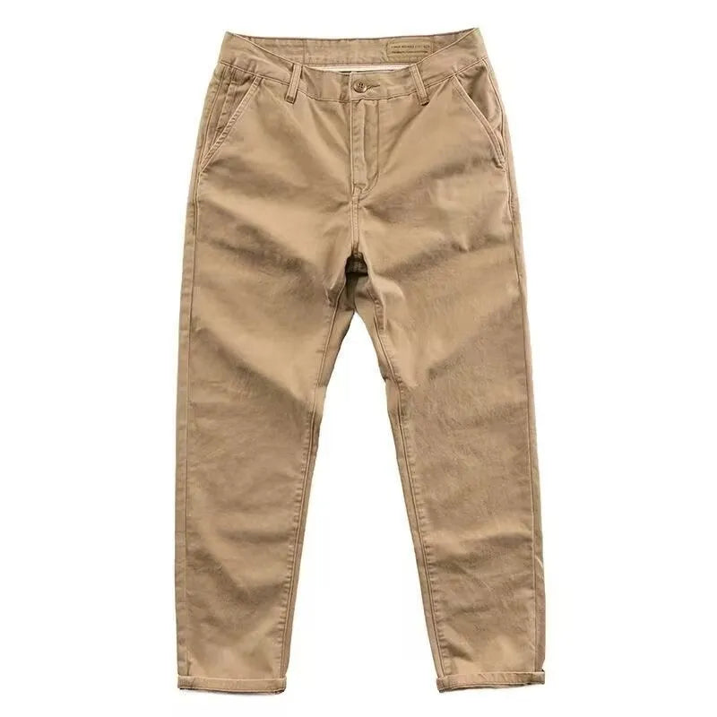 Men's slim fit casual trousers in cotton-polyester blend with straight leg, shown in multiple colour options.