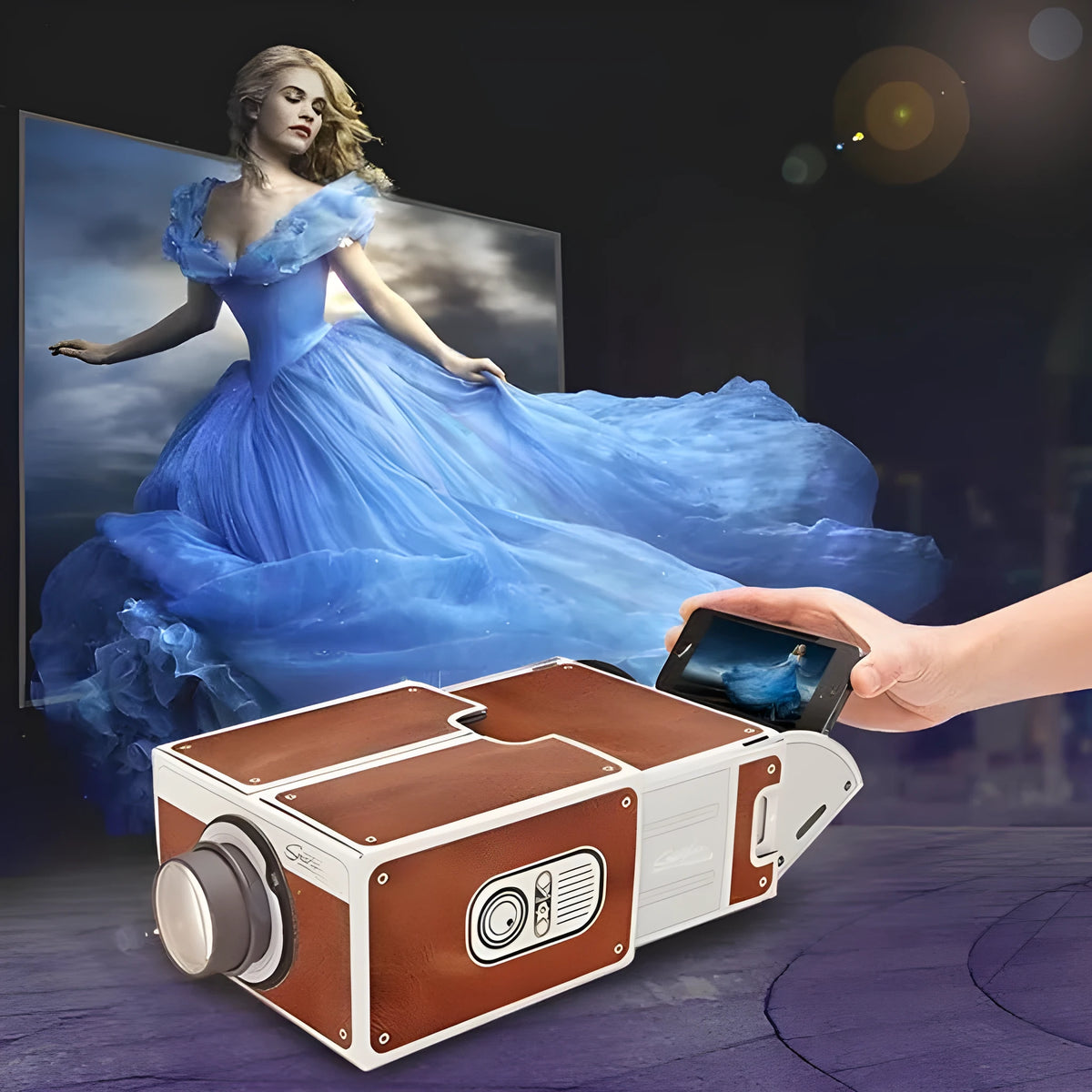 Portable mobile phone projector DIY kit with zoom lens and projector box for iPhone and Android phones.
