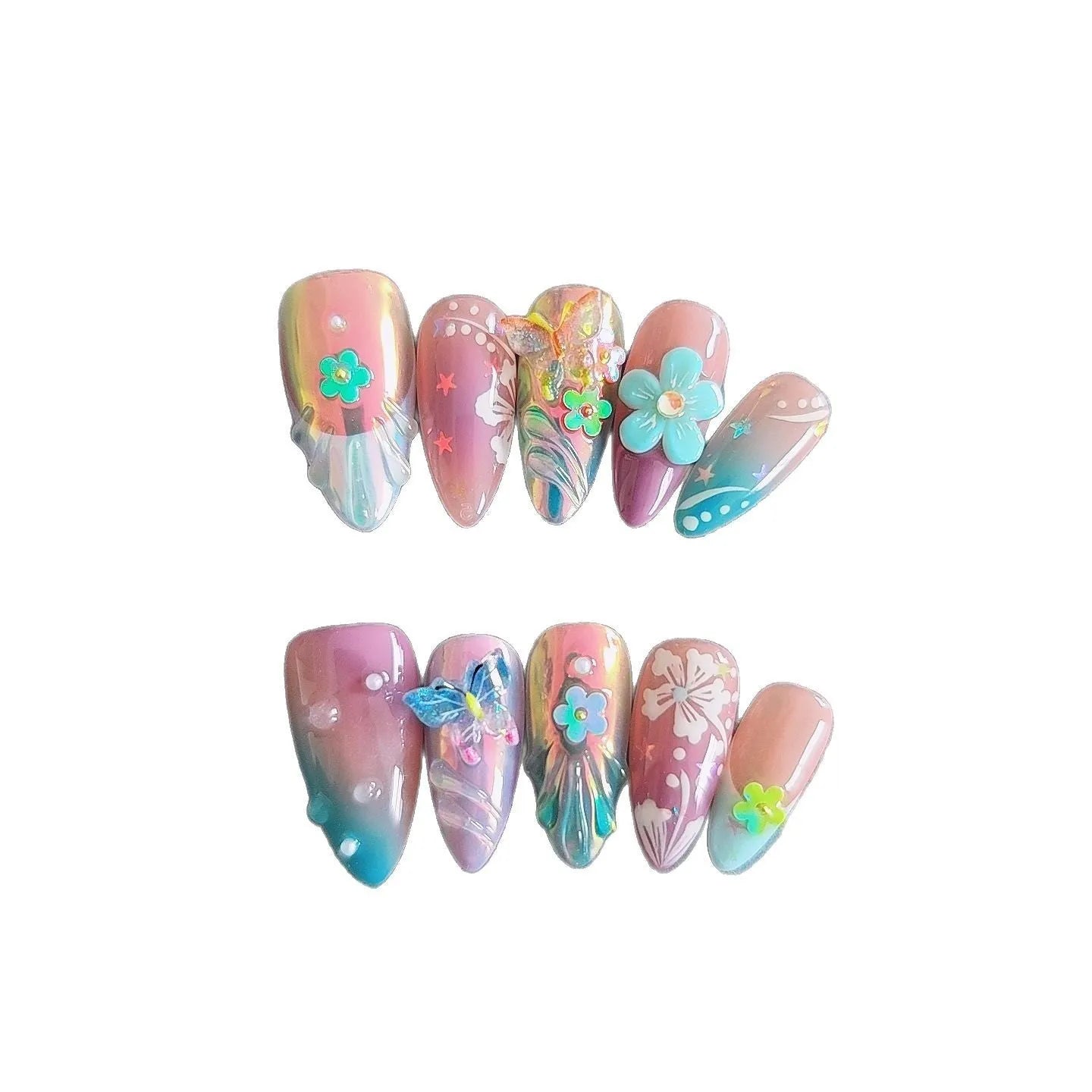 Handmade 3D nail art sculptures showing embossed flowers and butterflies in various sizes on a manicure.