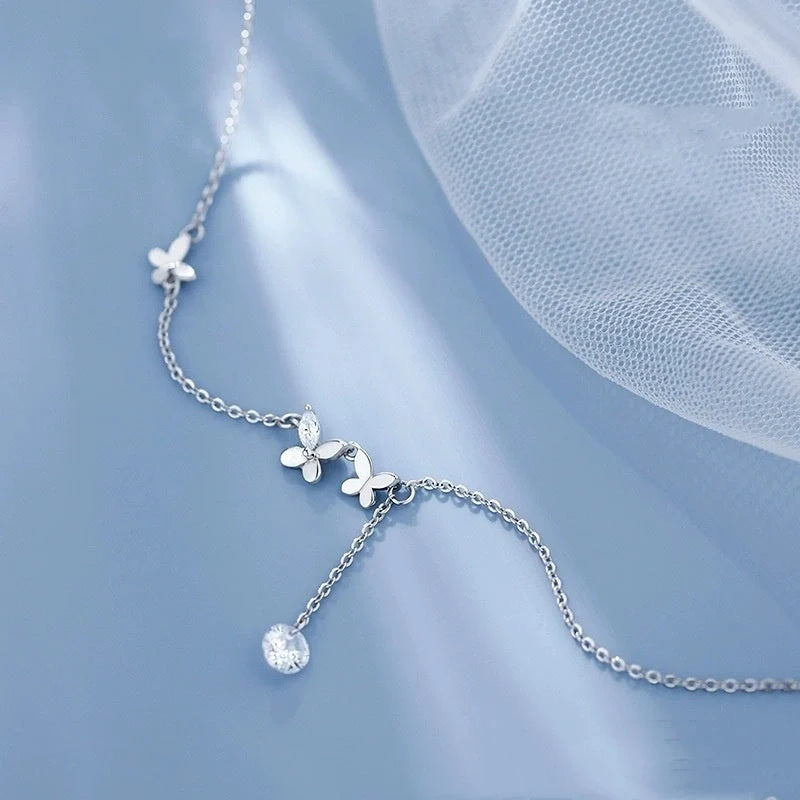 Elegant S925 Sterling Silver Butterfly Anklet with Zircon Stones and Flower Tassel