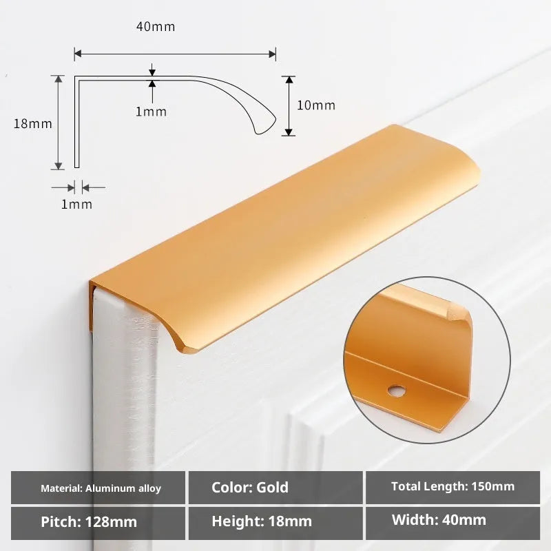 No-drill hidden cabinet handle in aluminium alloy, black or gold, long pull for wardrobe or kitchen door