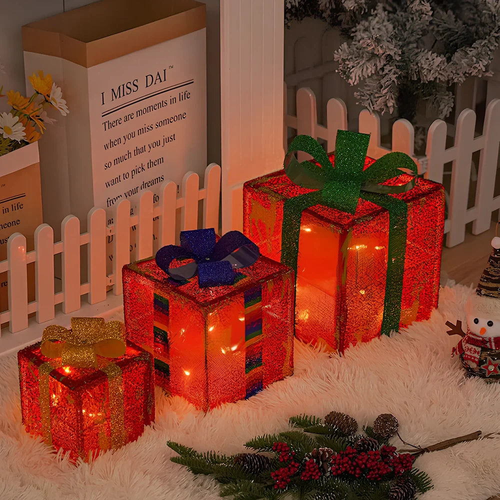 Christmas gift box three piece set with 50 LED beads and 8 lighting functions in silver star design