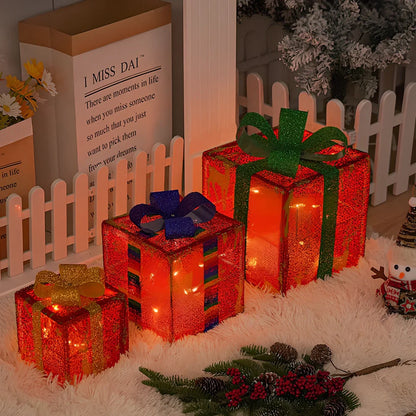 Christmas gift box three piece set with 50 LED beads and 8 lighting functions in silver star design