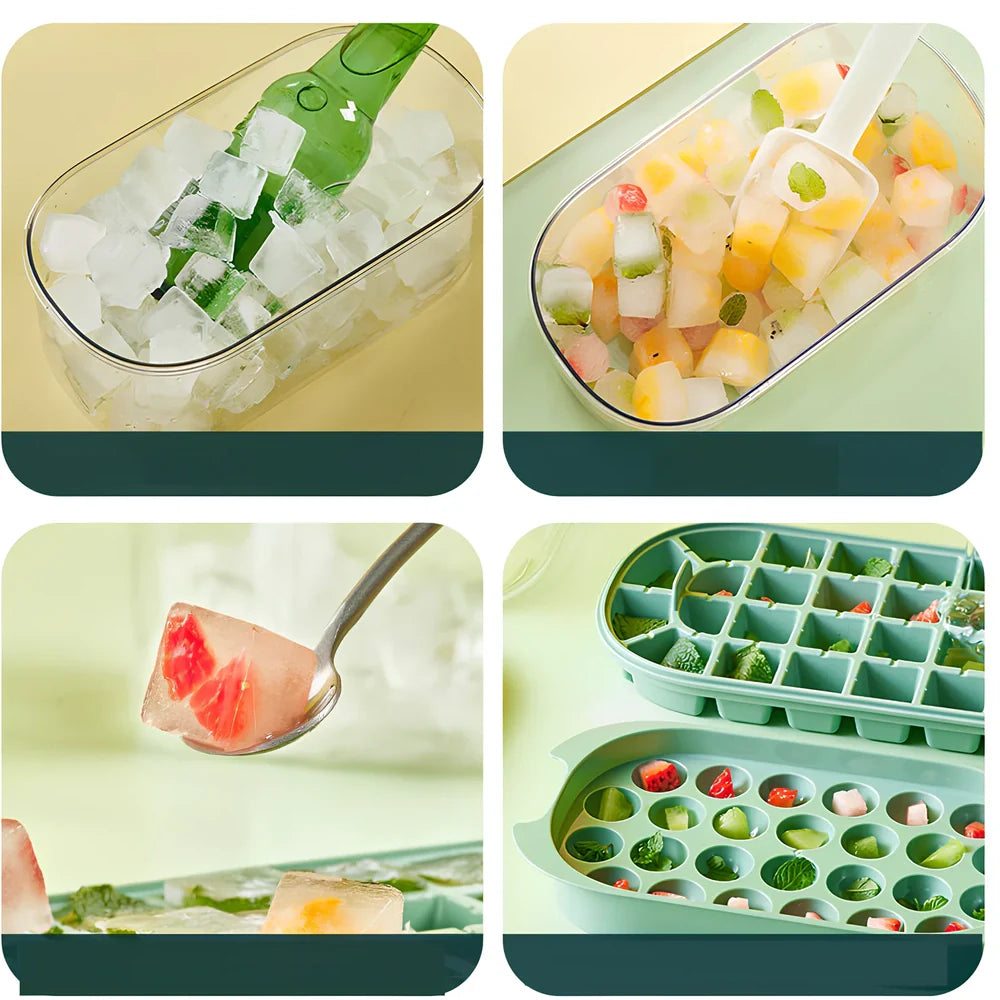 Portable ice box with silicone grid producing 54 ice cubes, showing beige and fresh green colour options
