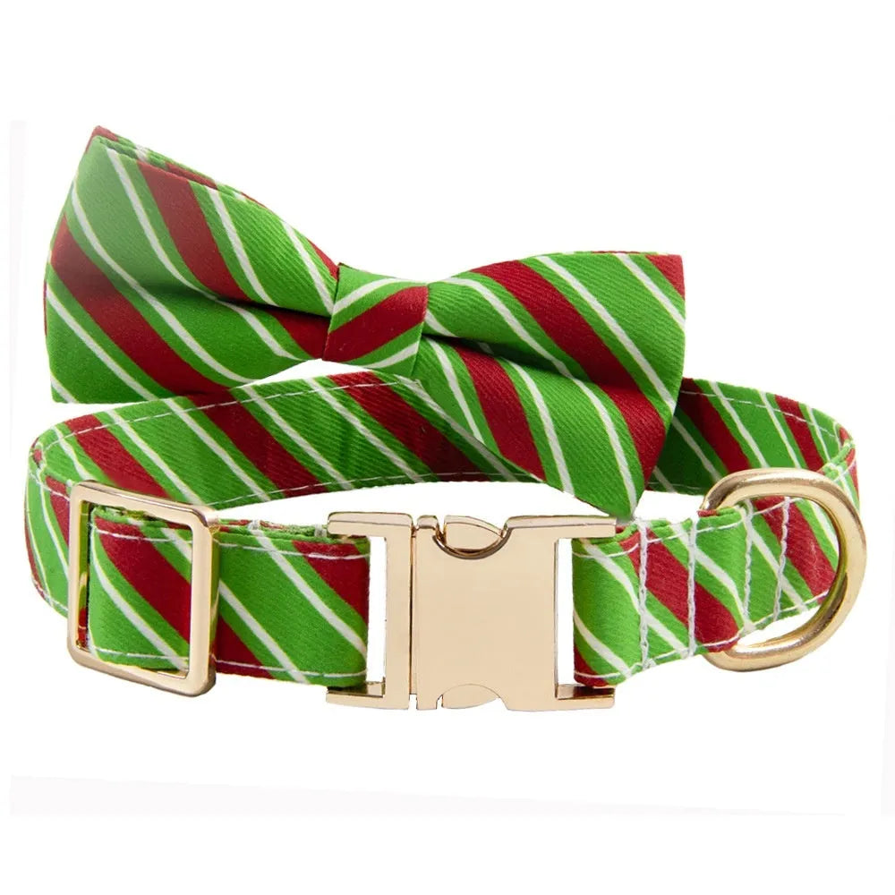 Striped green dog collar with decorative red bow knot showing custom engraving space for pet identification