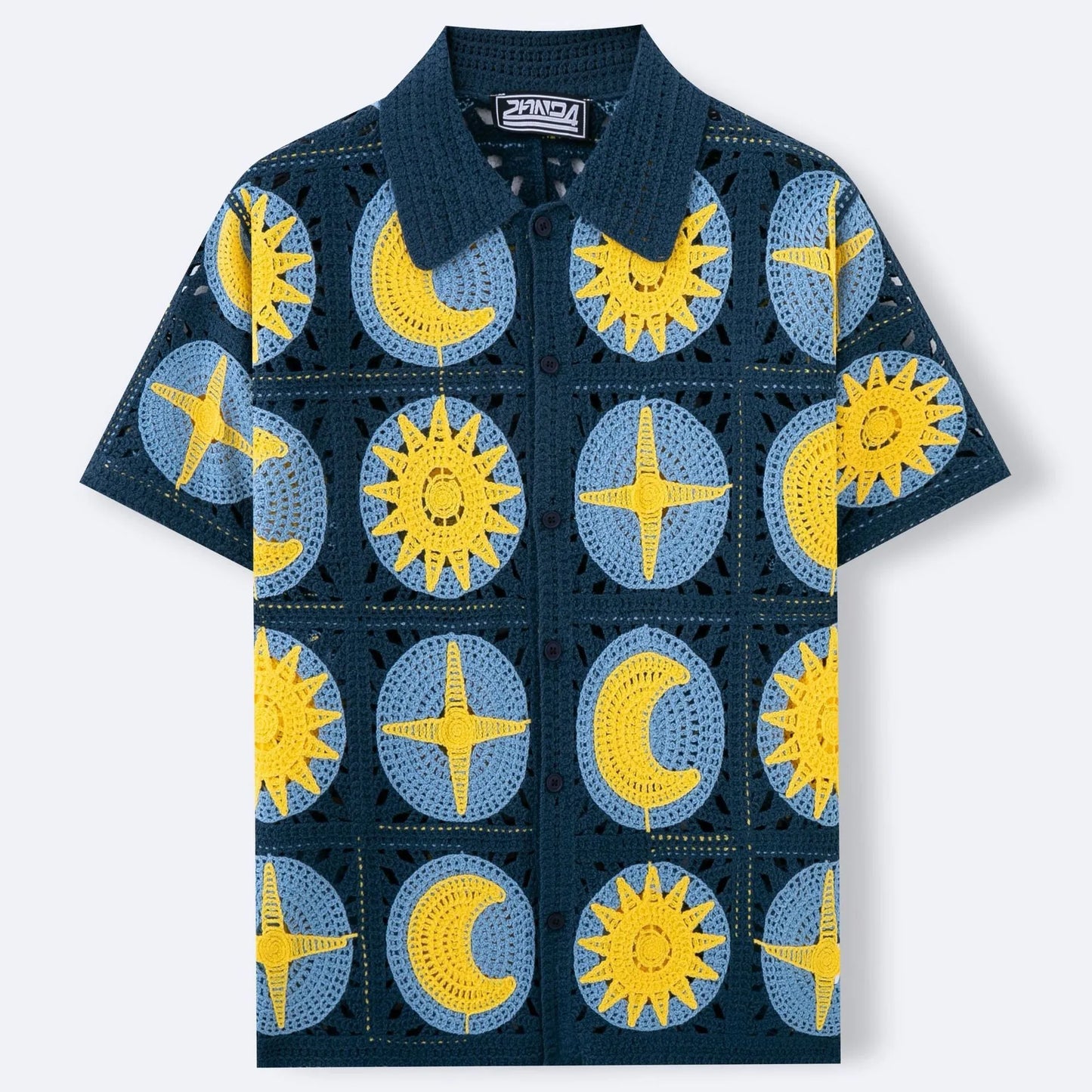 Navy blue men's short-sleeve cardigan with a cartoon flocking design on the front.