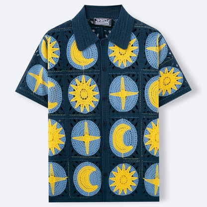 Navy blue men's short-sleeve cardigan with a cartoon flocking design on the front.
