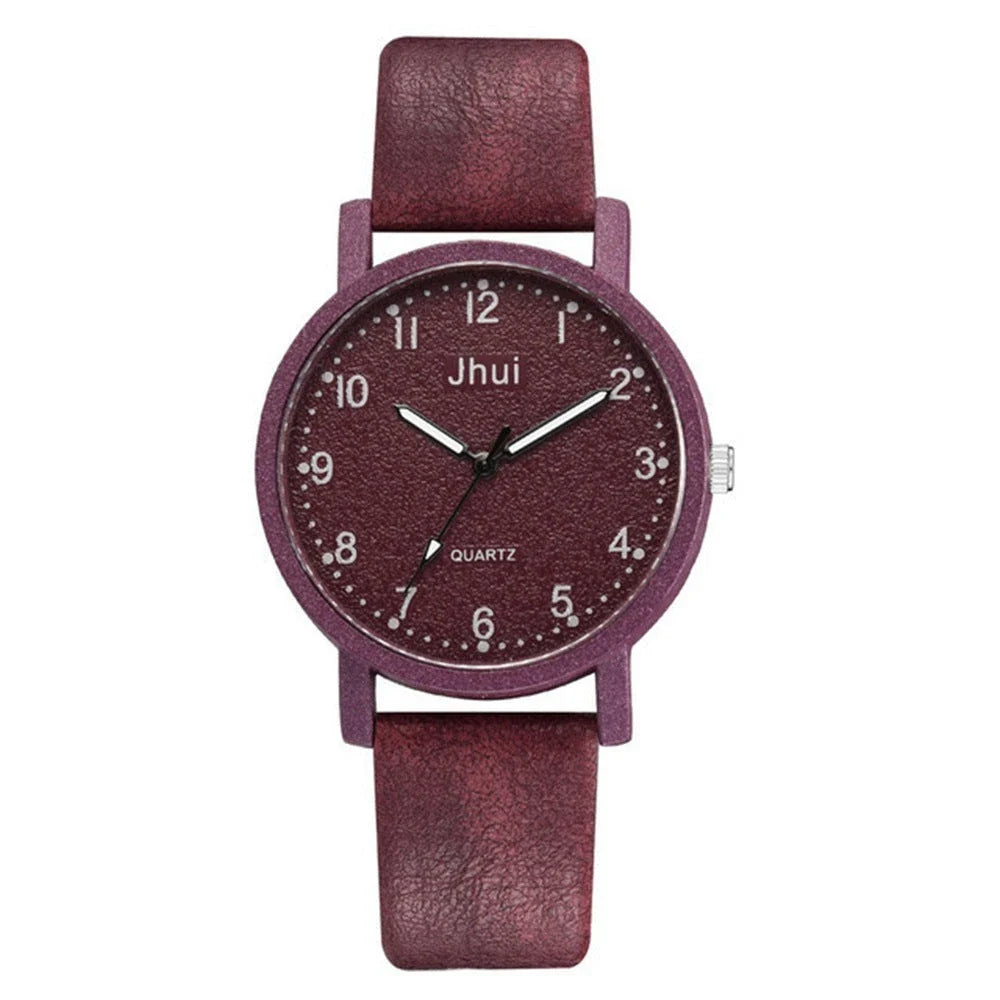 Stylish quartz watch with simple numeric dial, stainless steel clasp, and PU leather strap in various colors