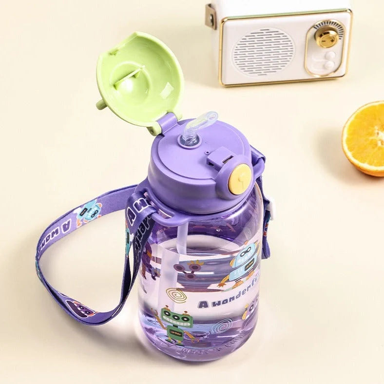 Red children's water cup with shoulder strap showing cartoon pattern and suction nozzle