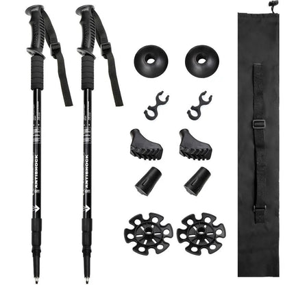 Aluminium alloy telescopic trekking pole extended with straight handle, shown with accessory tips including foot cover and snow holder.