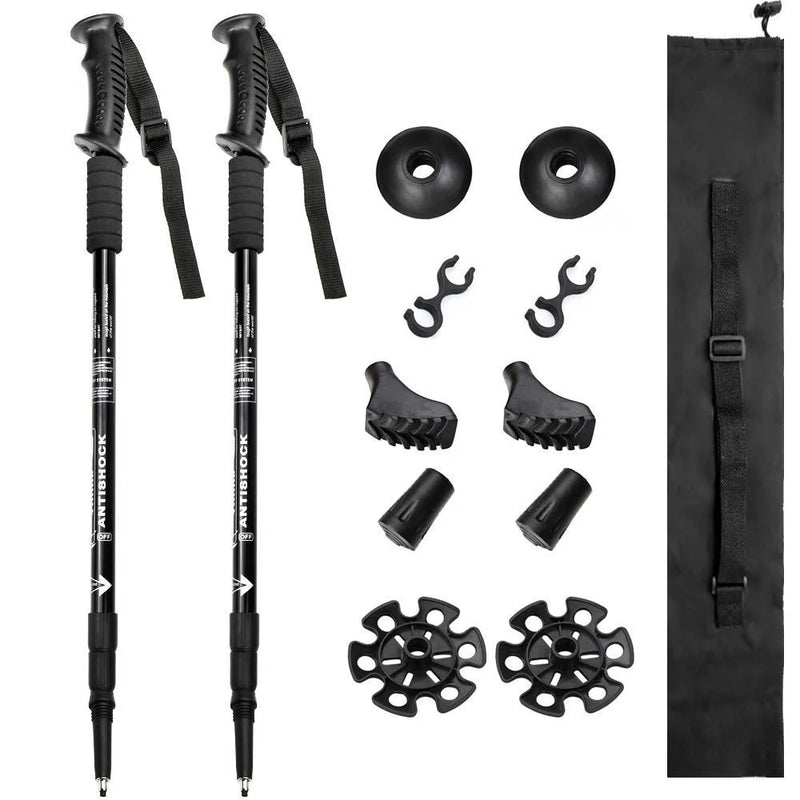 Aluminum alloy telescopic trekking pole adjustable from 65cm to 135cm with straight handle and anti-slip grip for mountain walking and hiking, supplied with 8 accessories including foot covers and storage bag in black, blue, silver, or red colour.