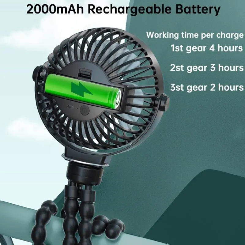 Black flexible tripod clip fan with USB charging cable, showing wrapped legs and blade guard.