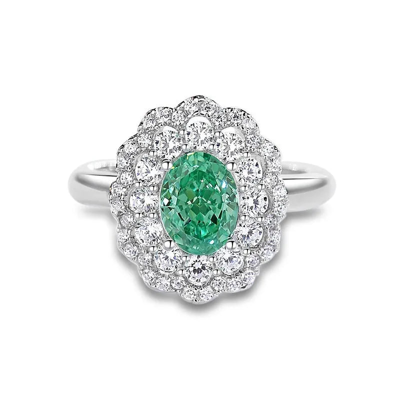 S925 silver emerald ring with palaibahao inlaid high carbon diamond, geometric design with elliptical elements