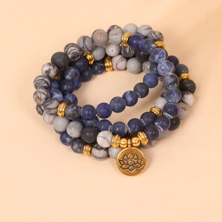 Blue patterned network stone bead multi-layer bracelet with alloy construction in natural style