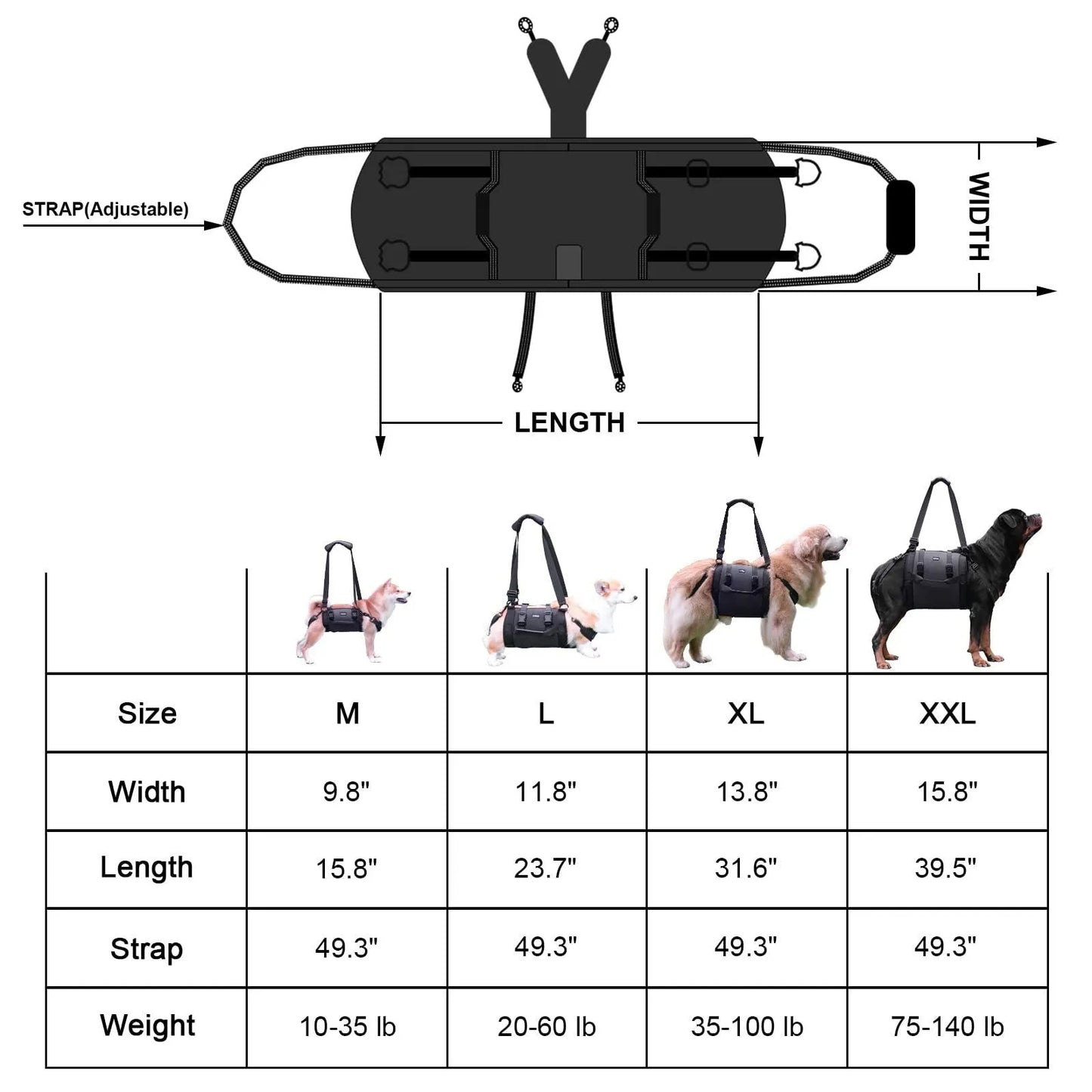 Black Oxford cloth dog harness with leg support design and adjustable chest strap