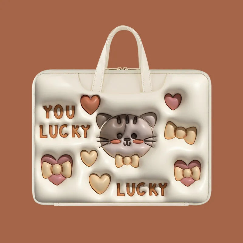 PU leather inflatable laptop bag with strap, shown in a cartoon pattern design, hanging from a suitcase handle.