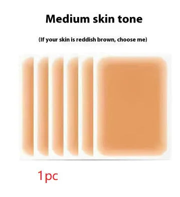 Tattoo cover patch and a 130mm long concealer brush on a table, with colour option swatches visible.