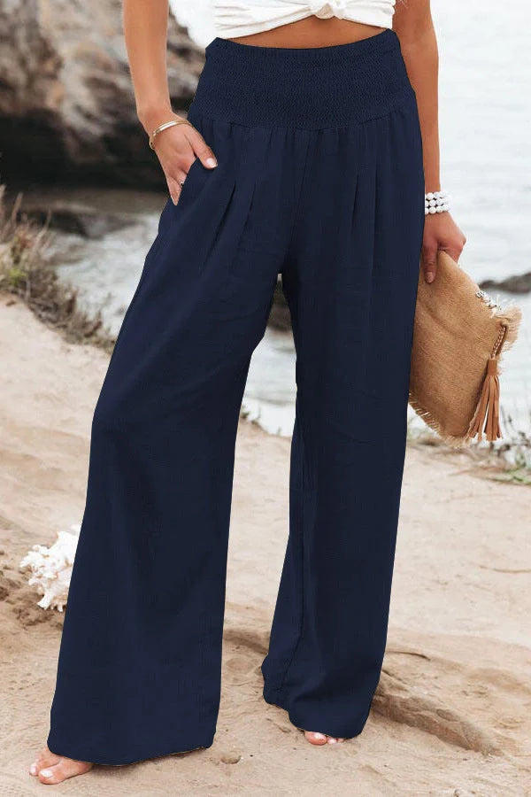 Women's wide leg casual pants in cotton linen blend, available in multiple colors