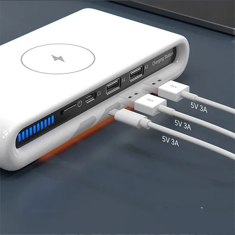 Desktop wireless charger with 15W fast charging, 8 colour atmospheric lamp, multi-device support, and QC/PD protocol compatibility in a compact 175 x 83 x 32 mm white ABS plastic unit for home, office, or bedside use