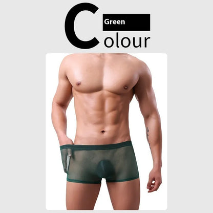 Men's thin sheer mesh boxer briefs in multiple colours on a white background.