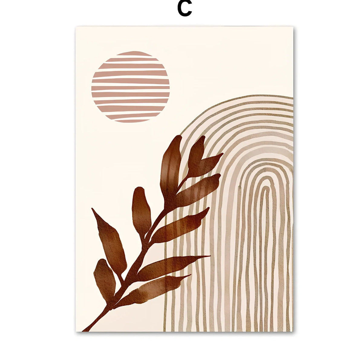 Line Leaves geometric abstract boho painting on canvas with frameless design showing precise dimensions