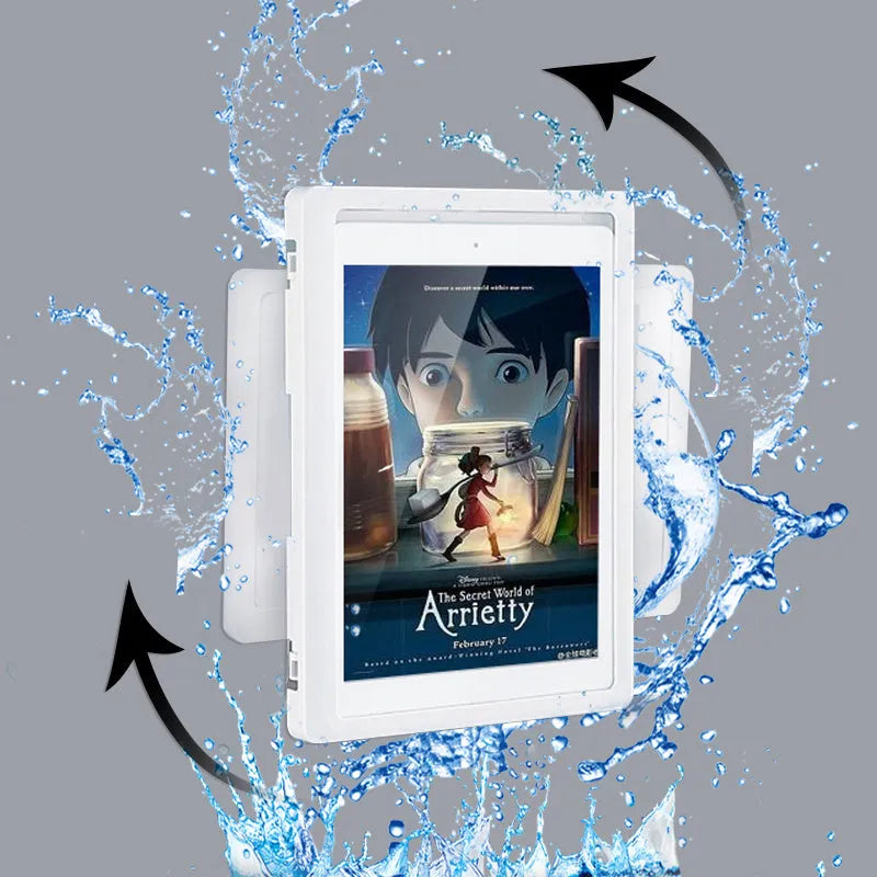 Waterproof shower phone holder mounted on bathroom tile with mobile phone visible through anti-fog window